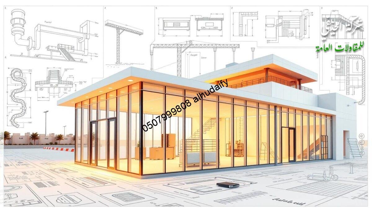 A blueprint of useful engineering tips, showcasing modern architectural elements in Dammam. Minimalist glass rooms with insulated sandwich panel walls and roofs, bathed in warm lighting that highlights the clean lines and geometric forms. Diagrams, schematics, and technical illustrations provide practical guidance on infrastructure construction techniques. The image conveys a sense of professionalism, efficiency, and attention to detail - key attributes for a skilled infrastructure contractor. Carefully composed to balance informative content with aesthetic appeal, creating a visually engaging and instructive illustration.