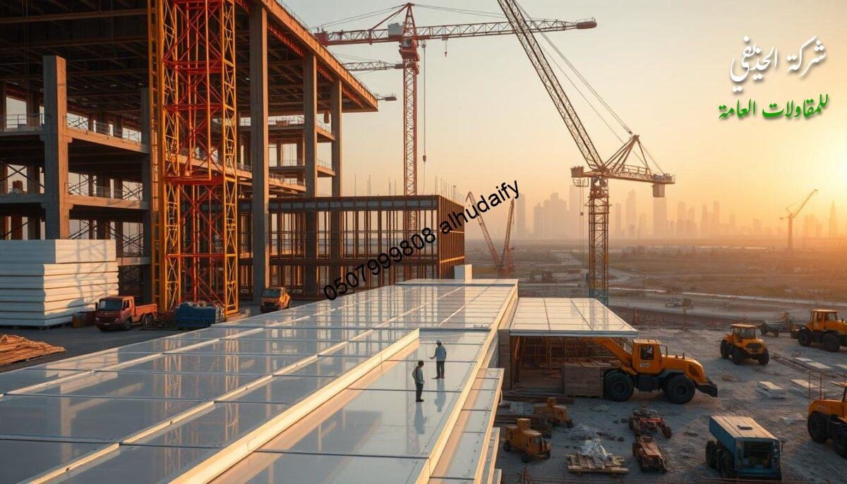 A bustling construction site comes to life, with towering cranes and heavy machinery shaping the future. In the foreground, sleek insulated sandwich panels are carefully installed, their seamless joints and reflective surfaces catching the golden light. The middle ground reveals the intricate framing, as workers carefully assemble the glass-enclosed spaces, their transparency allowing the surrounding landscape to be visible. In the background, the skyline of Dammam rises, a testament to the region's rapid development. The scene exudes a sense of progress and modernity, with the efficient and sustainable sandwich panel technology at the heart of this transformative project.