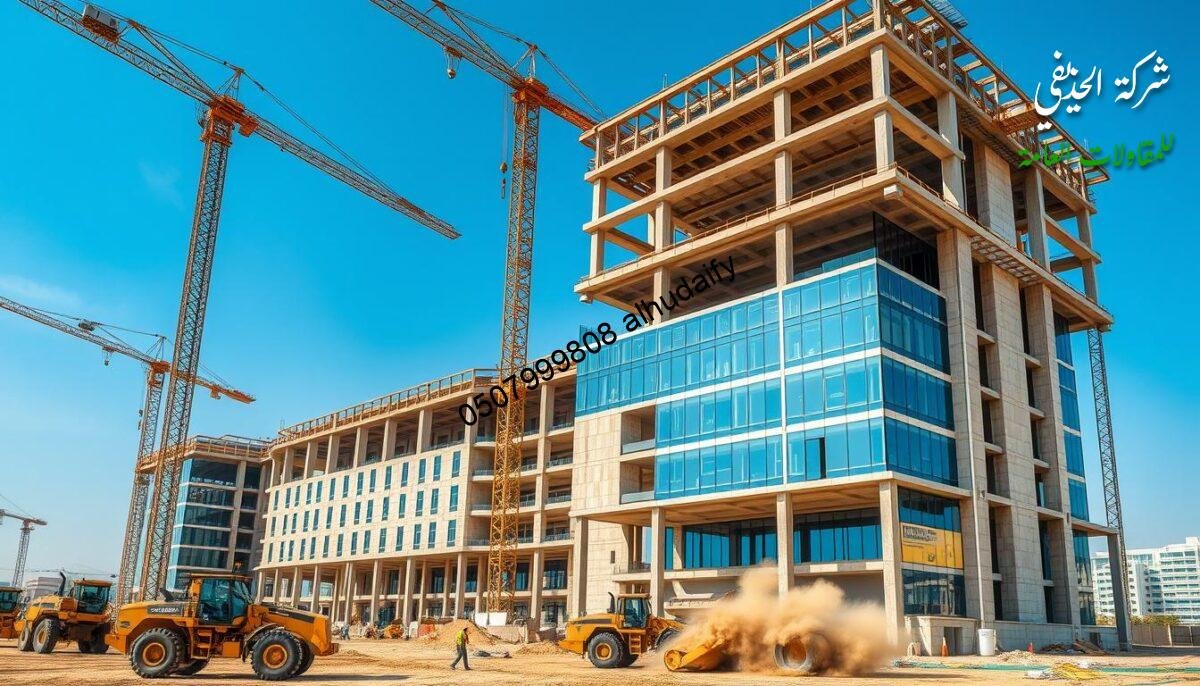 A bustling construction site in the heart of Dammam, Saudi Arabia. Towering cranes lifting prefabricated concrete panels into place, forming the skeleton of a modern commercial building. Sleek glass facades reflect the vibrant blue sky, complementing the warm hues of the insulated sandwich panels that make up the walls and roof. Skilled workers methodically assembling the structure, harnessing the speed and durability of cement board construction techniques. In the foreground, heavy machinery navigates the site, kicking up clouds of dust as they lay the foundation. The scene exudes a sense of progress and industrious activity, capturing the essence of an important infrastructure project.