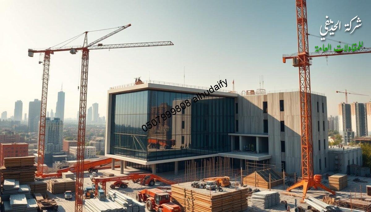 A bustling construction site with towering cranes and workers erecting a modern annex. The building features sleek, insulated sandwich panel walls and roofs, reflecting the sunlight with a contemporary aesthetic. In the foreground, piles of building materials and machinery hint at the ongoing progress. The middle ground showcases the annex's striking glass elements, blending seamlessly with the warm, earthy tones of the surrounding structures. In the background, a skyline of skyscrapers and residential buildings sets the urban context. The overall scene conveys a sense of dynamic growth and architectural innovation.