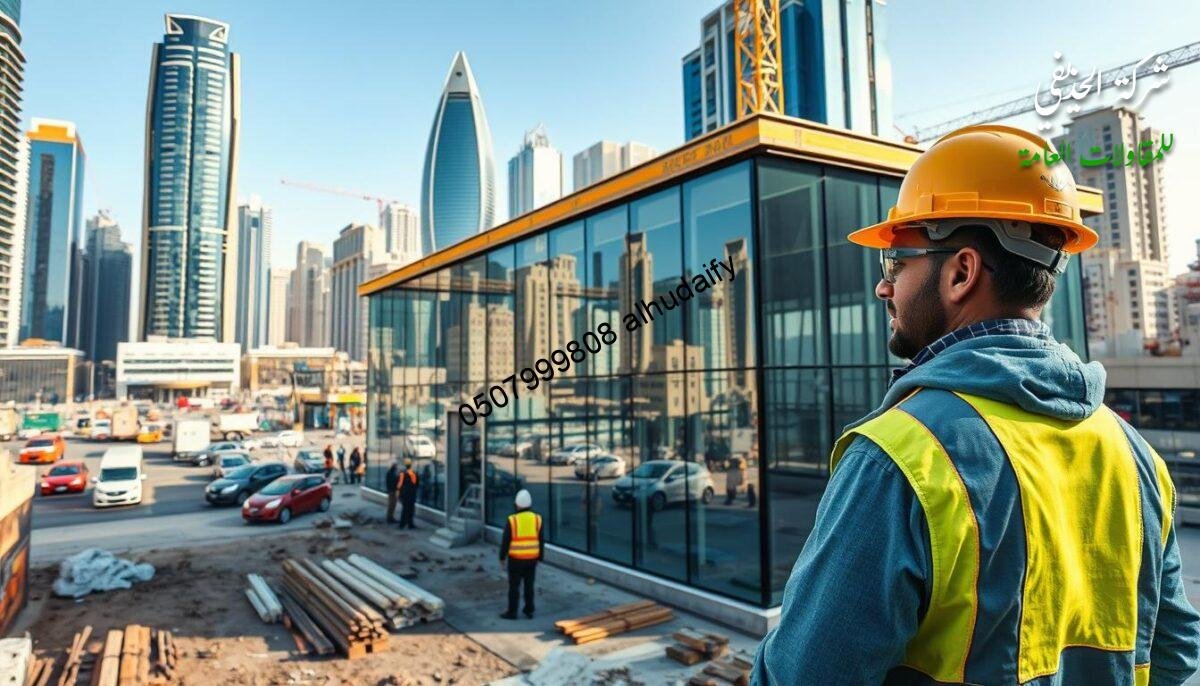 A bustling urban scene in the Eastern Province, showcasing a skilled construction contractor hard at work. The foreground features the contractor, clad in a safety vest, overseeing the construction of a modern glass-enclosed annex with sleek, insulated sandwich panel walls and roof. In the middle ground, a crew of workers diligently assemble the structure, utilizing the latest building techniques. The background depicts the vibrant cityscape of Dammam, with towering skyscrapers and bustling streets. The lighting is crisp and natural, casting long shadows and highlighting the dynamic activity. An atmosphere of productivity, expertise, and innovation permeates the scene, reflecting the region's commitment to modern construction solutions.