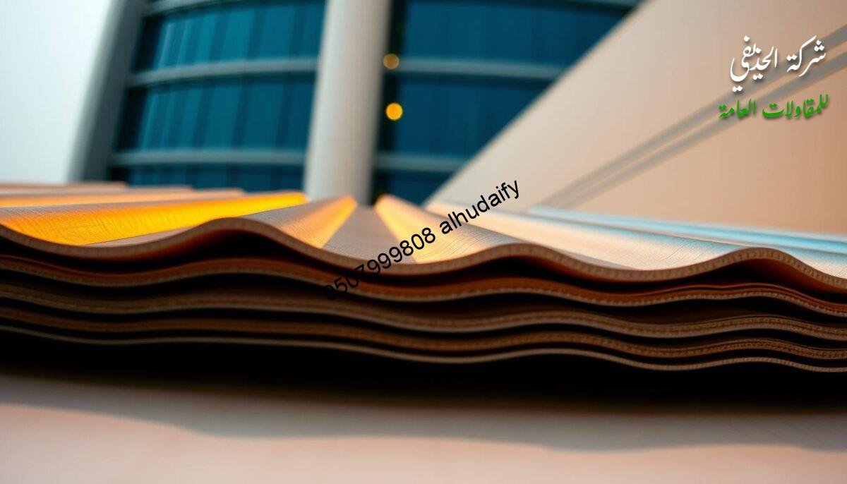 A close-up view of a sandwich panel being carefully assembled, revealing its intricate construction. The panels' sleek, metallic surfaces gleam under the warm, diffused lighting, highlighting their insulation properties. The foreground showcases the precise interlocking edges, while the middle ground depicts the meticulous placement of the panels, creating a seamless, cohesive system. In the background, the scene is framed by the clean, modern architecture of the Dammam building, emphasizing the integration of the high-quality insulation solution. The overall atmosphere conveys a sense of technical precision, quality, and attention to detail essential for effective thermal and acoustic insulation.