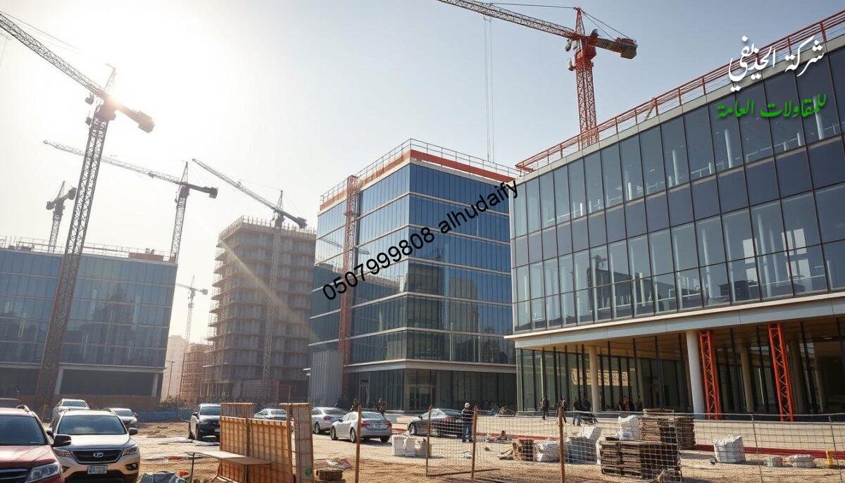 A construction site bustling with activity, cranes towering overhead, workers diligently erecting sleek, modern buildings with glass facades and insulated sandwich panel walls and roofs. The scene exudes a sense of progress and innovation, capturing the essence of commercial development in Dammam. Sunlight streams through the glass, casting warm, diffused illumination across the site, creating a serene and inviting atmosphere. The buildings stand as a testament to the city's growth, each one a unique architectural masterpiece blending function and aesthetic appeal to captivate potential customers. This is a visual representation of the carefully executed commercial projects showcased in the article's "Previously Executed Projects" section.
