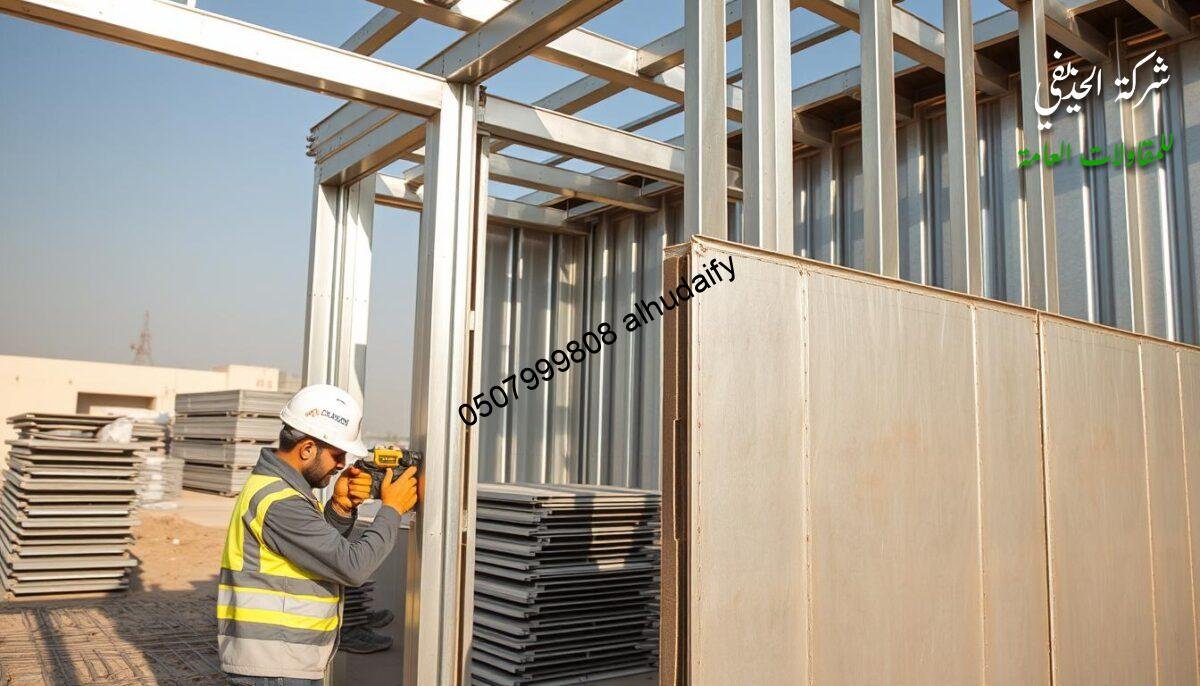 A construction site in Dammam, Saudi Arabia. Workers carefully align insulated sandwich panels, their metallic surfaces glistening in the warm sunlight. The panels interlock seamlessly, forming a sturdy wall frame. In the foreground, a worker meticulously secures the panels with specialized tools, ensuring a tight, weatherproof seal. In the middle ground, additional panels are stacked, ready to be installed. The background features the partially completed structure, its clean lines and modern aesthetic hinting at the sleek, energy-efficient building to come. The scene conveys a sense of precision, efficiency, and pride in craftsmanship - the hallmarks of skilled sandwich panel installation.