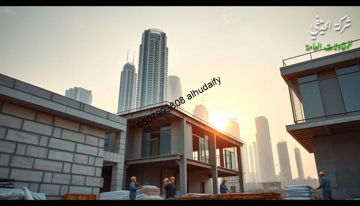 A contemporary construction site featuring an array of building materials - smooth concrete blocks, rugged steel beams, gleaming glass panels, and insulated sandwich panels. Workmen in hard hats toil under the warm glow of the sun, assembling the framework for a modern annex. In the background, the silhouettes of towering skyscrapers rise against a cloudless sky. The scene exudes a sense of progress and industrious craftsmanship, capturing the essence of constructing comfortable, energy-efficient spaces in Dammam.