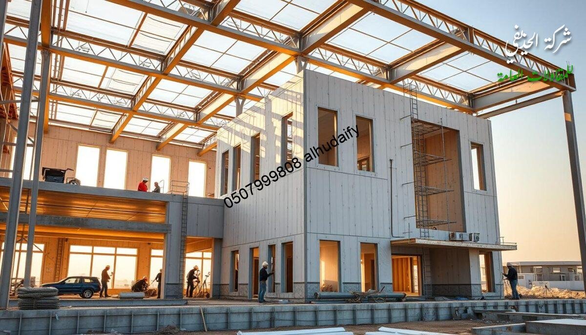 A detailed architectural blueprint of a modern, energy-efficient building under construction in Dammam. The frame is made of reinforced steel, with walls and roof composed of insulated sandwich panels for optimal thermal and sound insulation. The structure is bathed in warm, natural lighting that filters through large windows and skylights, casting dramatic shadows and highlights across the various material textures. Contractors and workers can be seen diligently working on different stages of the build, from laying the foundation to assembling the exterior facade. The scene conveys a sense of progress, efficiency, and the meticulous attention to detail required in bringing this contemporary, high-quality structure to life.