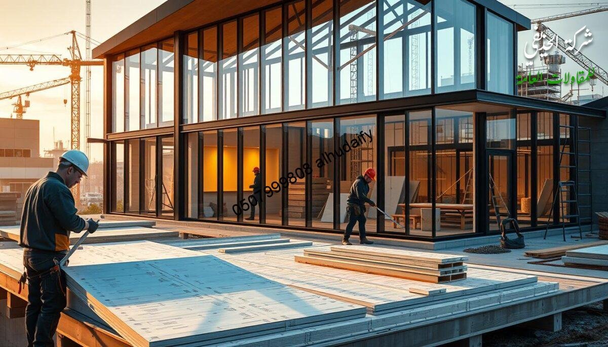 A detailed architectural engineering scene depicting the construction stages of a modern glass room addition. The foreground shows a worker measuring and cutting insulated sandwich panel pieces, while in the middle ground, others are assembling the frame and installing the panels. In the background, cranes and scaffolding suggest a larger building project. Warm lighting from the glass walls illuminates the scene, casting shadows and highlights that emphasize the technical precision of the engineered structure. The overall mood is one of progress and innovation in modern construction techniques.
