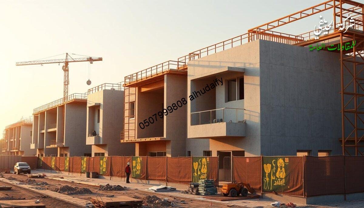 A detailed architectural rendering of a residential building under construction in Dammam, Saudi Arabia. The focus is on the exterior walls and roofing, showcasing the use of modern insulated sandwich panels. The scene captures the various stages of the building process, with workers and construction equipment visible. Warm lighting illuminates the site, casting shadows that highlight the textures and angles of the panels. The overall mood is one of efficiency and progress, reflecting the strength and lightweight nature of the sandwich panel system.