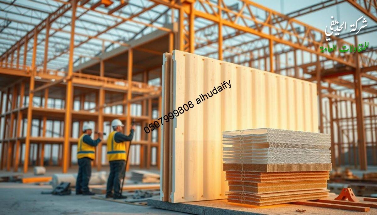 A detailed engineering schematic for a modern building construction site in Dammam, Saudi Arabia. The foreground features workers carefully assembling an insulated sandwich panel wall, their precise movements and tools highlighted under warm, diffused lighting. The midground showcases the panel's intricate layered composition, emphasizing its thermal and structural properties. In the background, the skeletal framework of the larger structure takes shape, hinting at the ongoing progress of the project. The scene conveys a sense of technical expertise, craftsmanship, and meticulous attention to detail essential for this type of engineering endeavor.