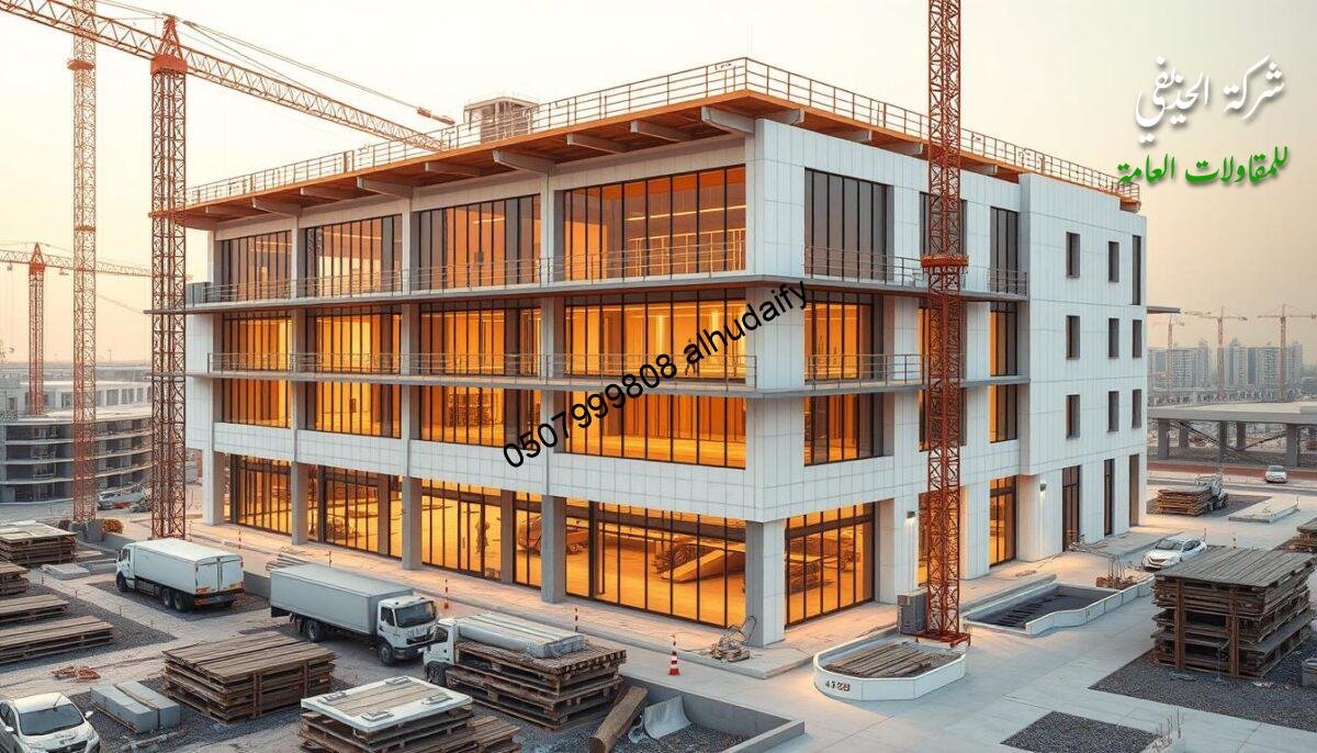 A detailed engineering schematic of a commercial building construction site, showcasing the intricate stages of execution. Prominent features include insulated sandwich panel walls and roofs, sleek glass windows, and a focus on modern architectural elements in Dammam. The scene should convey a sense of precision, progress, and the technical expertise required to bring the project to life. Utilize a balanced composition with clear foreground, middle ground, and background elements, all illuminated by warm, natural lighting to create a visually appealing and informative illustration.