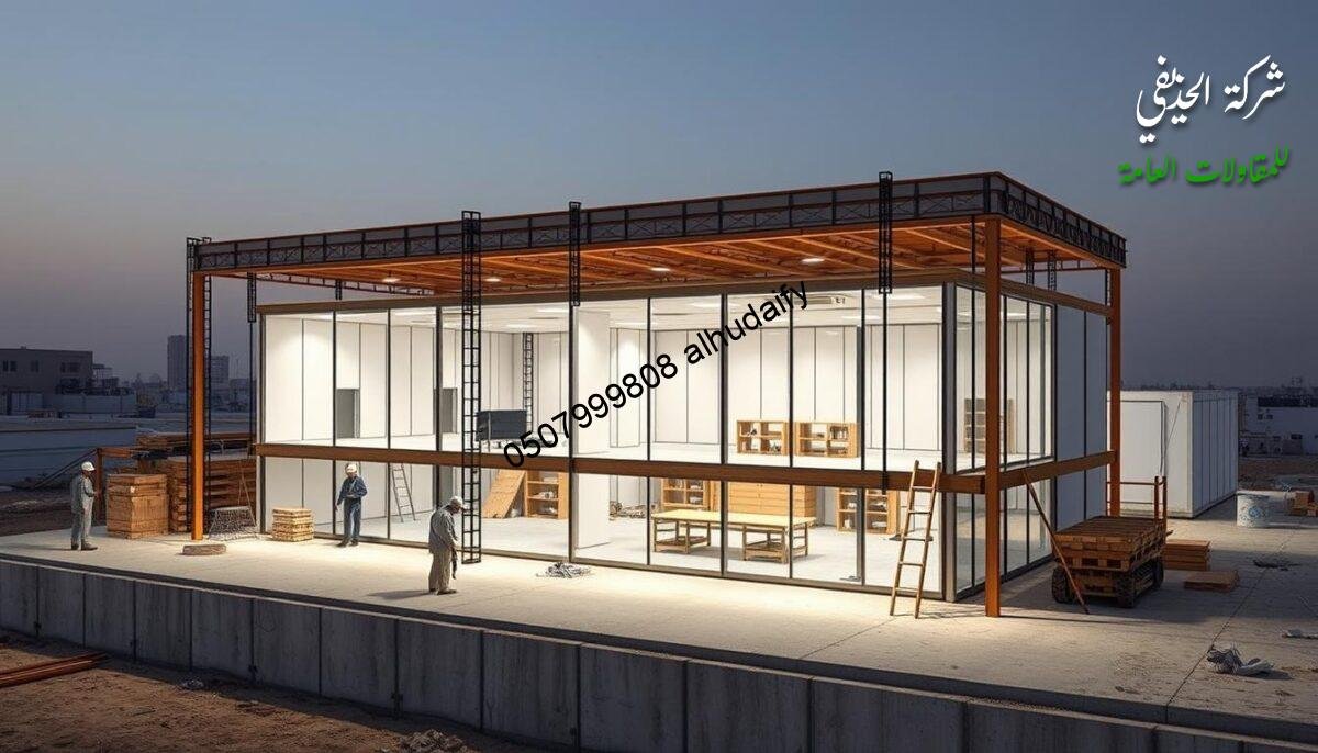 A detailed, step-by-step depiction of the construction process for modern building annexes and glass rooms in Dammam. Showcase the precise workflow, from laying the foundation to installing insulated sandwich panel walls and roofs. Capture the meticulous attention to detail, with workers meticulously aligning each component and utilizing specialized equipment. Emphasize the seamless integration of materials, the clean lines, and the efficient, organized nature of the site. Illuminate the scene with natural, diffused lighting that casts soft shadows, highlighting the architectural elegance. Present a comprehensive visual narrative that conveys the expertise and craftsmanship involved in this state-of-the-art construction project.