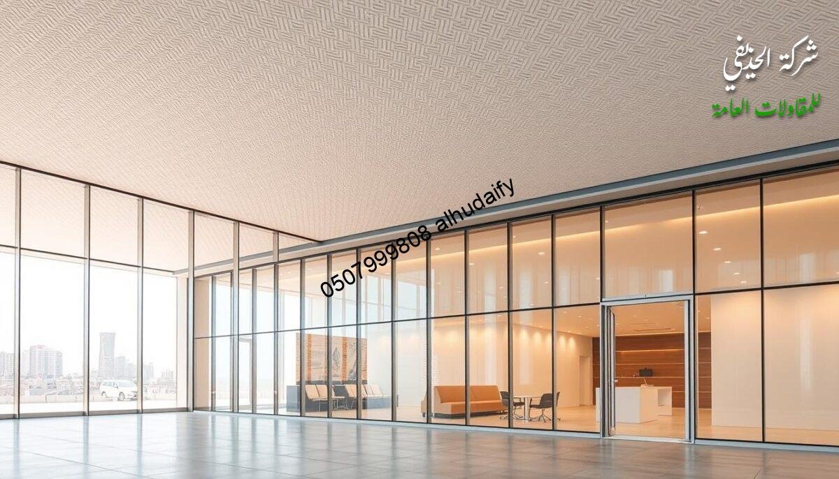 A detailed thermal insulation system for a modern commercial building in Dammam. Sleek glass walls and a sturdy, well-insulated sandwich panel roof create a bright, energy-efficient space. Warm, diffused lighting illuminates the textured panels, showcasing their high-quality construction. The seamless integration of the insulation into the architectural design ensures optimal thermal regulation and a comfortable indoor environment for visitors and staff. A carefully considered layout maximizes natural light while maintaining privacy and climate control. The overall aesthetic is clean, minimalist, and inviting - an ideal setting to showcase products and services.