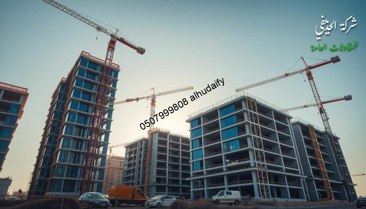 A grand construction site nestled in the heart of Dammam, showcasing the expertise of a skilled builder. Towering concrete frames, glass panels glimmering in the sunlight, and sleek sandwich panels forming the walls and roofs. Cranes swinging overhead, workers bustling with purpose, as modern architectural wonders take shape. The scene radiates a sense of progress and innovation, capturing the dynamic energy of a thriving building project. Carefully composed perspectives reveal the intricate details of this impressive undertaking, from the clean lines of the structures to the meticulous attention to craftsmanship. An image that embodies the fusion of functionality and aesthetic appeal, a testament to the builder's mastery of their craft.