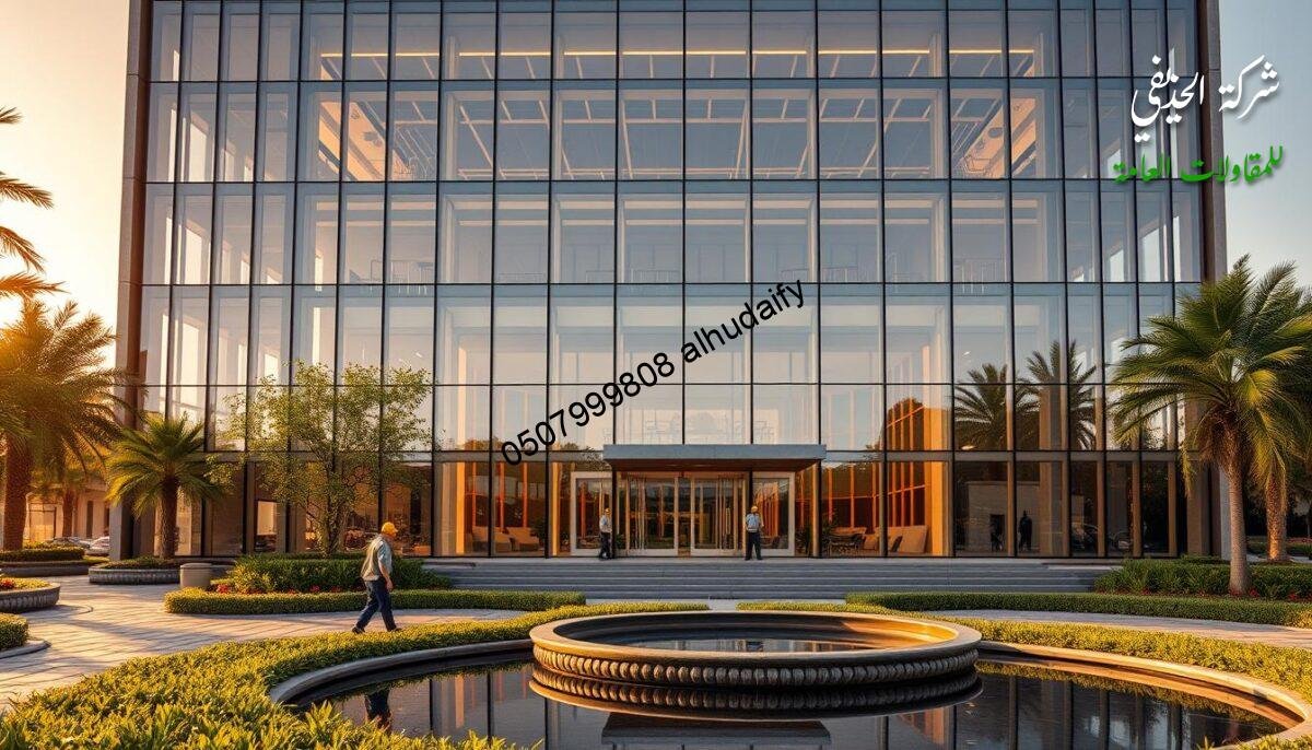 A grand, meticulously crafted commercial building stands tall, its sleek glass walls and insulated sandwich panel construction gleaming in the warm light. Elegant modern lines accentuate the structure, while a lush garden and water feature create a serene, sophisticated atmosphere. Skilled workers diligently assemble the high-quality components, demonstrating the superior craftsmanship of the Alhudaiphy Contracting Company. The building embodies their commitment to delivering exceptional, visually stunning commercial spaces tailored to the client's needs.