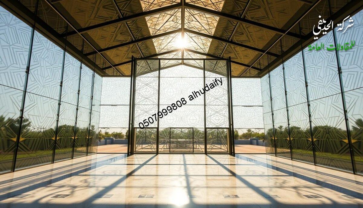 A grand, modern glass enclosure stands tall, its sleek, insulated sandwich panel walls and ceiling reflecting the warm Saudi sun. Intricate geometric patterns adorn the transparent facade, casting captivating shadows on the polished marble floor beneath. The open, airy design allows natural light to flood the space, creating a serene, luminous ambiance. Meticulously crafted steel supports, precisely angled, seamlessly integrate form and function. This exquisite glass structure, a true testament to the Alhudaithy Company's expertise in outdoor living spaces, elevates the Damam landscape with its unparalleled elegance and craftsmanship.