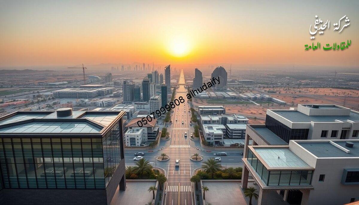 A grand panorama of Dammam's Eastern Province landscape, captured with a wide-angle lens. In the foreground, sleek modern glass-encased annexes and sunrooms with insulated sandwich panel walls and roofs stand proudly. The middle ground showcases the bustling streets and skyline of the city, with towering skyscrapers and commercial buildings. In the distance, rolling hills and palm trees create a serene backdrop, bathed in the warm glow of the setting sun. The scene exudes a sense of progress and sophistication, reflecting the region's advancement in architectural design and construction.