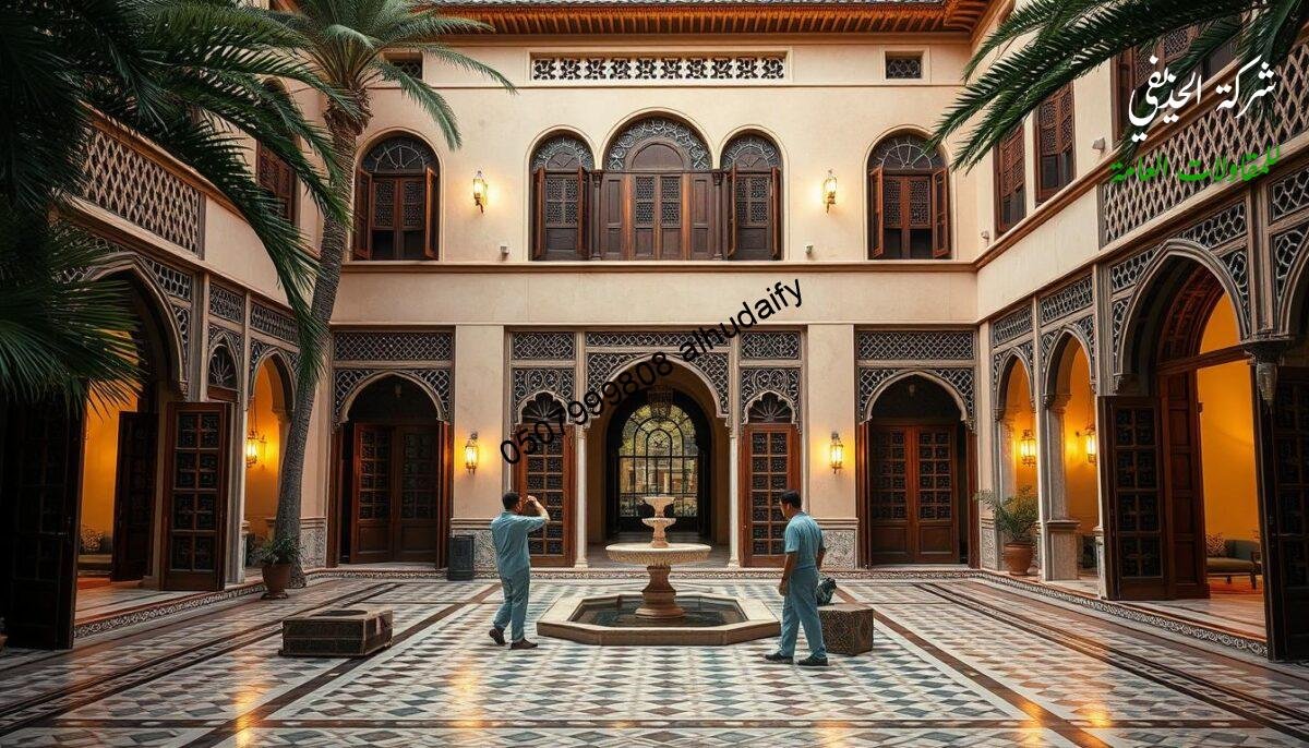 A grand, traditional Arabian-style villa with intricate carved wooden doors and windows, set against a backdrop of lush palm trees. The interior features elegant arched entryways, ornate mosaic tile floors, and a central courtyard with a tranquil fountain. Warm, diffused lighting illuminates the space, creating a serene and timeless atmosphere. In the foreground, a team of skilled artisans carefully restores the building's historic charm, using traditional techniques and materials to ensure the highest quality of craftsmanship and durability. The scene conveys a harmonious blend of the old and the new, where quality assurance is paramount in preserving the region's architectural heritage.