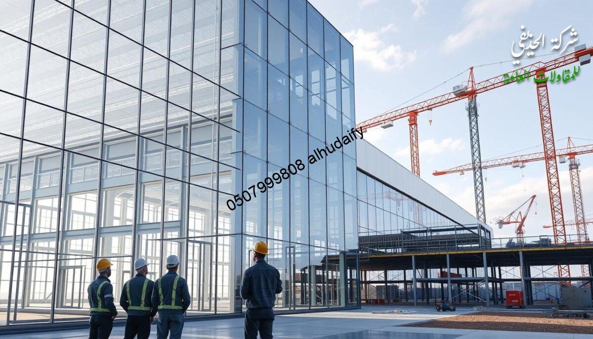 A high-quality architectural rendering of a modern industrial complex with sleek glass and steel construction. The foreground features a group of engineers inspecting the intricate structural details of an insulated sandwich panel wall, studying the precise workmanship and adherence to quality control standards. The middle ground showcases the building's clean lines and expansive windows, allowing an abundance of natural light to flood the interior spaces. In the background, towering cranes and construction equipment hint at the scale and complexity of the overall project. The scene conveys a sense of precision, professionalism, and a steadfast commitment to quality assurance in the engineering and execution of this integrated construction endeavor.