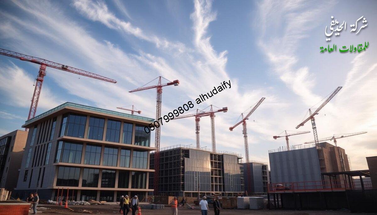 A large construction site with multiple buildings in various stages of development. Towering cranes dot the skyline, their long arms extending over the site. Workers in hard hats and reflective vests move about, laying bricks and assembling steel frames. The buildings feature sleek, modern designs with expansive glass windows and insulated sandwich panel walls, contrasting with the traditional concrete construction nearby. Sunlight filters through wispy clouds, casting dramatic shadows across the scene. The atmosphere is one of progress and innovation, reflecting the importance of this major development project.