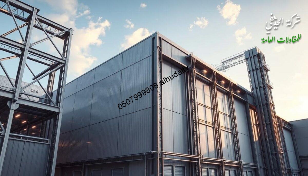 A large industrial warehouse complex with gleaming metallic structures standing tall against a bright, cloudless sky. Sleek, angular forms in shades of silver and gray, accented by the warm glow of recessed lighting. Towering framework supports expansive roofs and walls of insulated, interlocking panels, creating a harmonious blend of form and function. The architectural design exudes a sense of strength, efficiency, and modern industrial elegance, befitting the purpose of housing state-of-the-art storage and production facilities. A meticulously crafted scene, capturing the essence of innovative, large-scale construction projects brought to life.
