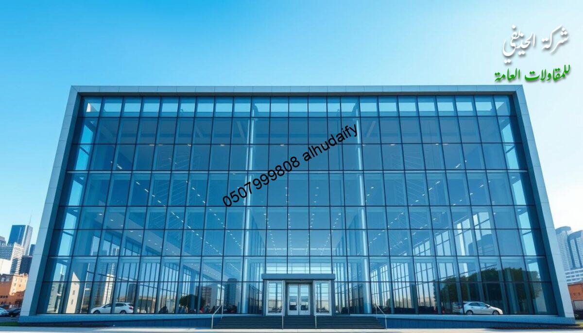 A large, modern commercial building with a sleek, minimalist facade of glass and steel. The structure is set against a backdrop of a bustling city skyline, with a clear blue sky overhead. The building's design features an abundance of natural light, with floor-to-ceiling windows that create a sense of openness and connectivity to the outdoors. The main entrance is framed by a grand, angular canopy that provides a striking visual accent. The building's interiors are visible through the glass, hinting at the high-quality, insulated glass walls and ceilings that create a comfortable, temperature-regulated environment within. The overall scene conveys a sense of sophistication, efficiency, and attention to detail that is characteristic of a premier construction company.