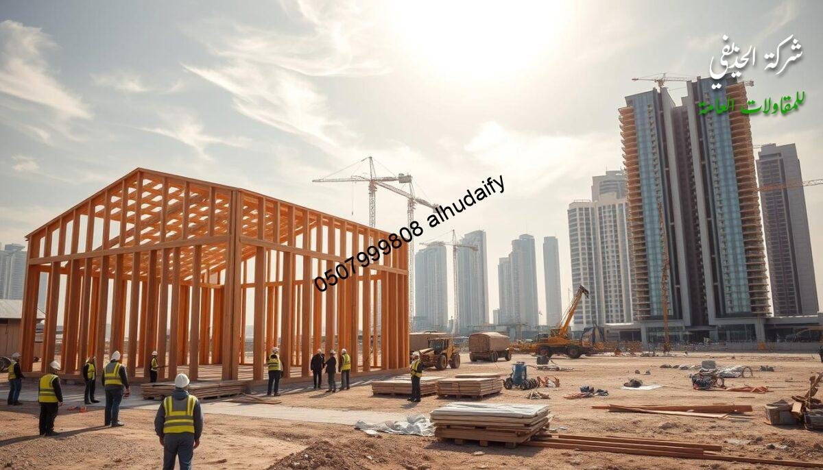A large, modern construction site in the Eastern province of Saudi Arabia. In the foreground, a team of skilled workers in hard hats and reflective vests meticulously assemble the frame of a new wooden annex addition. In the middle ground, cranes and heavy machinery move materials and lift prefabricated panels into place, constructing the insulated sandwich walls and roof. The background features the skyline of Dammam, with towering glass and steel high-rises. Bright sunlight filters through wispy clouds, casting warm shadows across the scene. The overall atmosphere conveys a sense of progress, precision, and the seamless integration of modern architectural techniques with the local landscape.