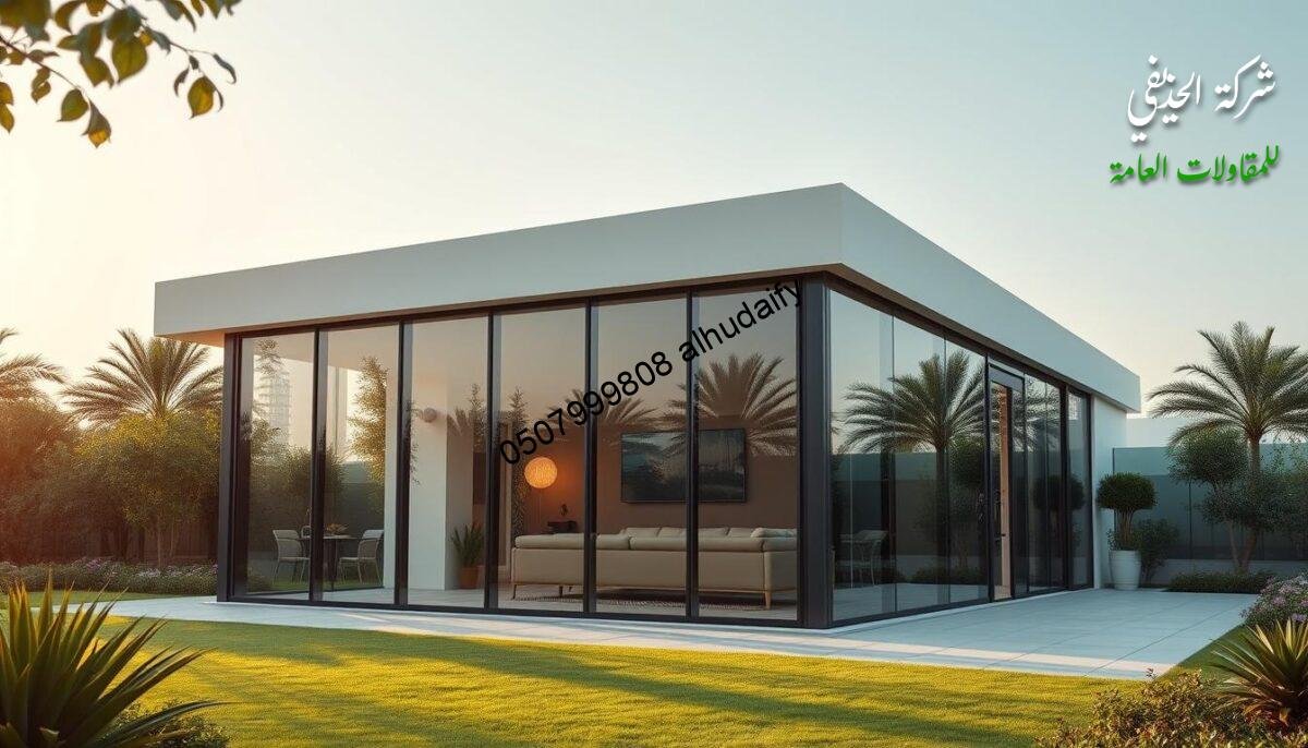 A large, modern, glass-walled annexe with a sleek, insulated sandwich panel roof, situated amidst a lush, verdant garden in Dammam. The building features a clean, minimalist exterior, with smooth, reflective glass panels that allow natural light to flood the interior. The insulation system is prominently visible, showcasing its technical details and high-quality construction. The scene is bathed in soft, diffused lighting, creating a serene and inviting atmosphere. The image emphasizes the importance of effective thermal insulation in maintaining a comfortable and energy-efficient living space.