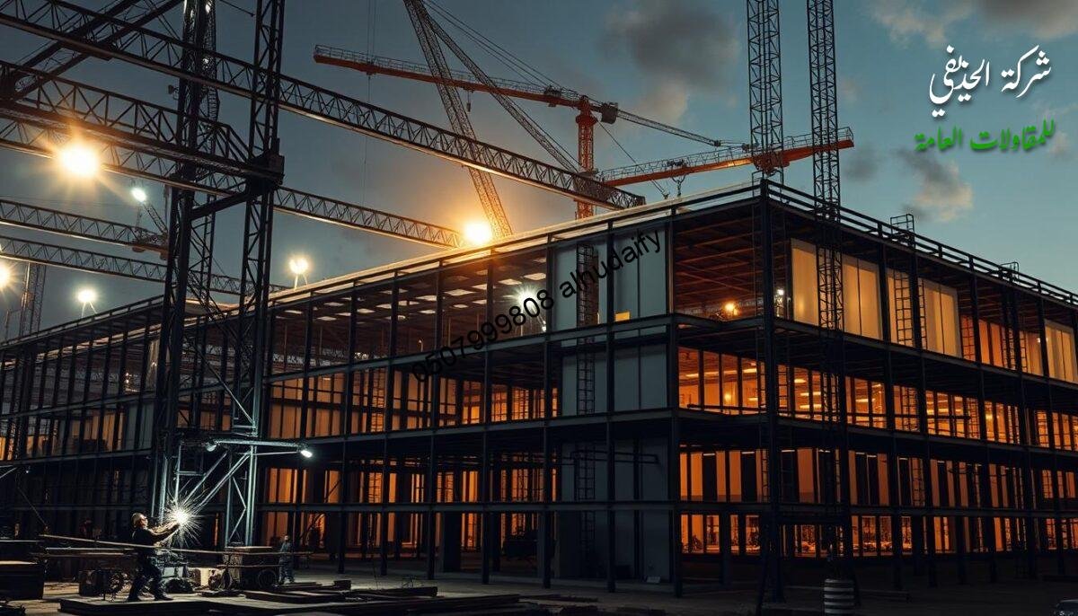 A large-scale industrial construction site, with a focus on the various stages of metal frame assembly. In the foreground, workers meticulously welding and bolting together the intricate steel beams and columns, creating the skeletal structure of the building. In the middle ground, cranes lift heavy prefabricated panels, carefully positioning them to form the walls and roof. The background showcases the completed sections, with the sleek, modern facade of insulated sandwich panels reflecting the warm glow of the sun. The scene is illuminated by powerful construction lighting, casting dramatic shadows and highlighting the precision and complexity of the process. The overall atmosphere conveys the sense of progress, efficiency, and attention to detail that goes into the construction of these industrial annexes and glass rooms.