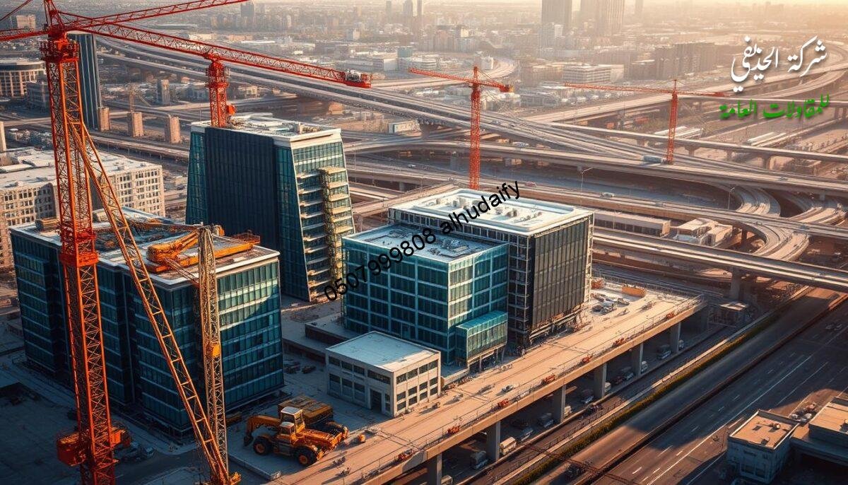A large-scale infrastructure project site situated in a bustling urban environment. In the foreground, heavy machinery such as cranes and excavators are hard at work, constructing modern glass-and-steel structures with insulated sandwich panel walls and roofs. The middle ground features partially completed buildings, their geometric facades reflecting the surrounding cityscape. In the background, a network of roads, bridges, and utility lines takes shape, symbolizing the comprehensive nature of the undertaking. The scene is bathed in warm, directional lighting, casting long shadows and imbuing the project with a sense of progress and dynamism. The overall atmosphere conveys the scale, complexity, and professional execution of this vital infrastructure development.