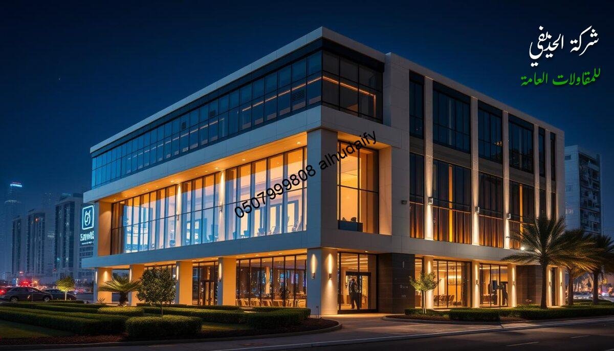 A luxurious commercial building with a sleek, contemporary facade showcasing the expertise of Alhudhaifi Contracting Company. The structure features a blend of glass, concrete, and steel, creating an elegant and sophisticated ambiance. Strategically placed lighting accentuates the clean lines and modern architectural elements, casting a warm glow that enhances the building's inviting atmosphere. In the foreground, a manicured landscape with lush greenery complements the refined design, while the background reveals the bustling city skyline, highlighting the company's ability to seamlessly integrate its projects into the urban landscape.