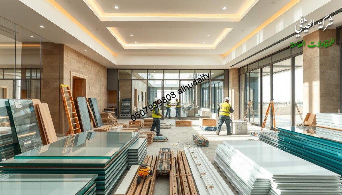 A luxurious interior construction site in Dammam, showcasing the intricate details of a high-end renovation project. In the foreground, an array of premium building materials and finishes, including sleek glass panels, insulated sandwich panels, and specialized tools, meticulously arranged. The middle ground captures the skilled craftsmanship of the construction workers, diligently assembling the modern annexes and glass rooms, their movements graceful and precise. The background reveals the state-of-the-art architectural design, with clean lines, abundant natural light, and a harmonious blend of traditional and contemporary elements. The overall atmosphere exudes a sense of professionalism, quality, and attention to detail, perfectly encapsulating the essence of the "Luxury Interior Contractor" theme.