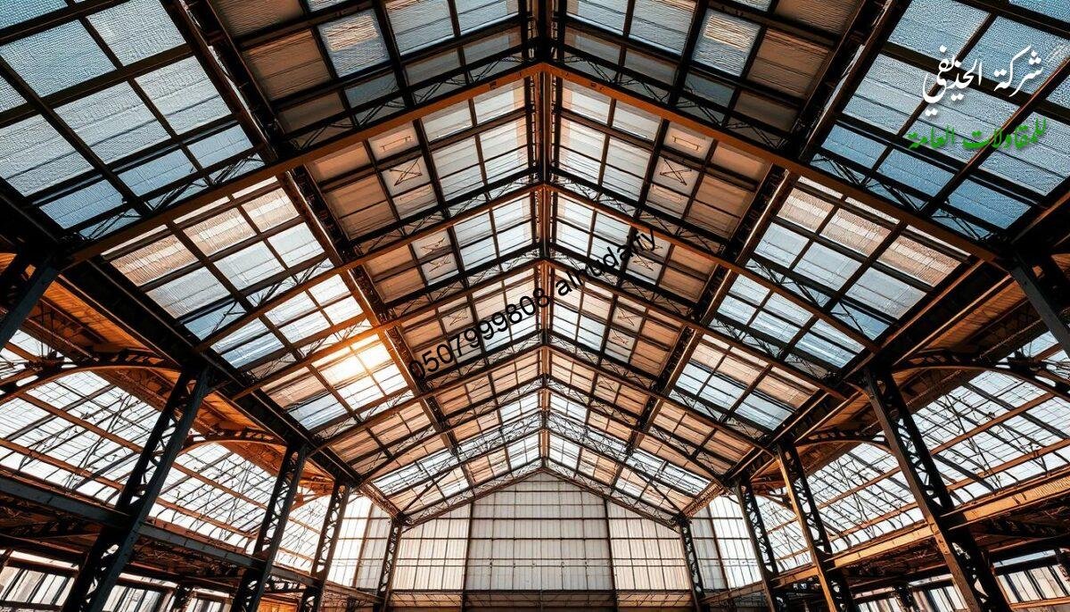 A majestic steel structure stands tall, its intricate lattice of beams and columns forming a robust, weatherproof sanctuary. Sunlight filters through the translucent panels, casting a warm, inviting glow. The building's sleek, angular design exudes a sense of strength and precision, reflecting the careful planning and execution that went into its construction. Meticulously engineered joints and fasteners ensure the structure's stability, while a seamless integration of insulation materials safeguards the interior from the elements. This is the embodiment of "ضمانات التنفيذ" - a testament to the unwavering commitment to quality and safety that underpins the creation of these modern, industry-leading facilities.