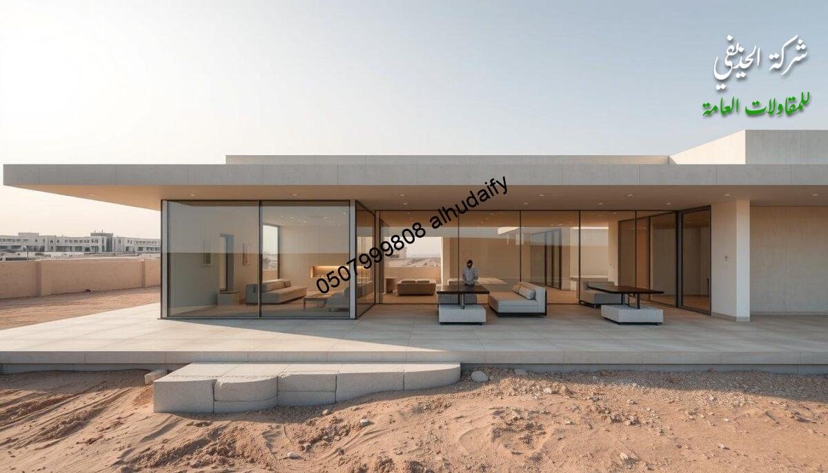 A meticulously engineered architectural design unfolds, showcasing a modern exterior extension featuring glass-enclosed rooms and lounges. Isolated sandwich panel walls and ceilings create a harmonious, energy-efficient structure amid the Saudi Arabian landscape. Precise construction techniques blend seamlessly, from the foundation to the final touches, exemplifying the integrated building process. Soft, diffused lighting accentuates the sleek, minimalist aesthetic, while strategic camera angles capture the harmonious interplay of form and function. This captivating image embodies the essence of the comprehensive construction journey, from initial design to final delivery.