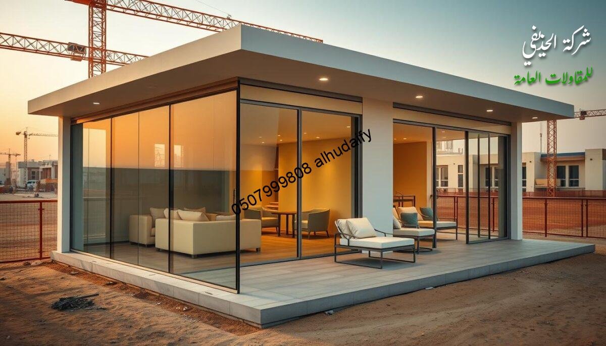 A meticulously engineered construction site in Saudi Arabia's Eastern Province, with a focus on the design and implementation of modern, glass-enclosed exterior rooms and lounges. Sleek sandwich panel walls and ceilings provide thermal insulation, while the overall layout showcases a harmonious blend of functionality and architectural elegance. Warm, diffused lighting casts a welcoming glow, inviting the viewer to imagine the seamless integration of these innovative structures into the surrounding residential and commercial developments. The scene captures the precise, meticulous attention to detail that characterizes the engineering expertise of the Al-Hudhaify Company.