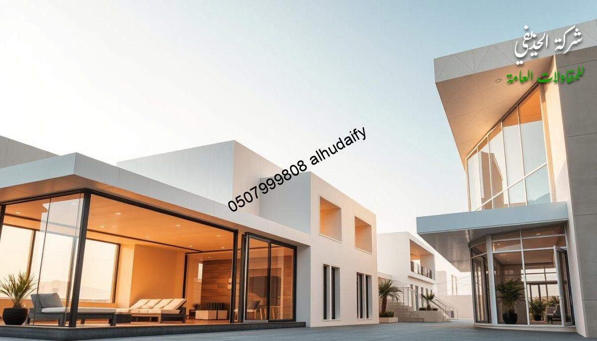 A minimalist architectural scene depicting an array of modern building materials used in commercial and residential construction in Saudi Arabia. Sleek, glass-enclosed outdoor lounges and extensions are showcased, their walls and ceilings insulated with state-of-the-art sandwich panel systems. Warm natural lighting bathes the scene, highlighting the clean lines and premium finishes of these innovative building components. The composition emphasizes the quality and versatility of these advanced construction materials, reflecting the sophisticated engineering and design behind contemporary urban development in the region.