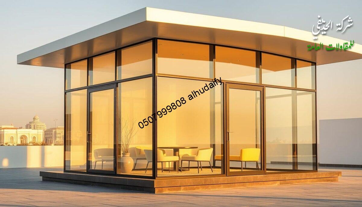 A modern and visually appealing glass room with sleek, insulated sandwich panel walls and roofs situated in the bustling city of Dammam. The structure is bathed in warm, natural light, casting a cozy and inviting atmosphere. Smooth, clean lines and a minimalist design aesthetic create a harmonious and sophisticated space. The exterior showcases the high-quality craftsmanship and attention to detail that defines the services offered by Alhudaiby Company, a trusted provider of innovative surface building solutions.
