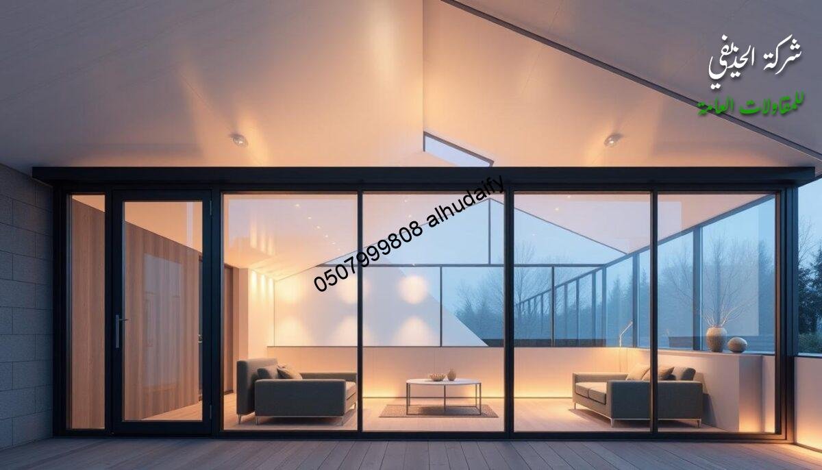 A modern and visually striking exterior glass room or lounge with insulated sandwich panel walls and ceiling. The structure showcases exceptional thermal and sound insulation, ensuring a comfortable and energy-efficient environment. Soft, diffused lighting creates a warm, inviting atmosphere. The sleek, minimalist design blends seamlessly with the surrounding architecture. Precise angles and clean lines emphasize the high-quality construction and attention to detail. The overall scene conveys the importance of superior insulation and craftsmanship in creating an ideal building solution.