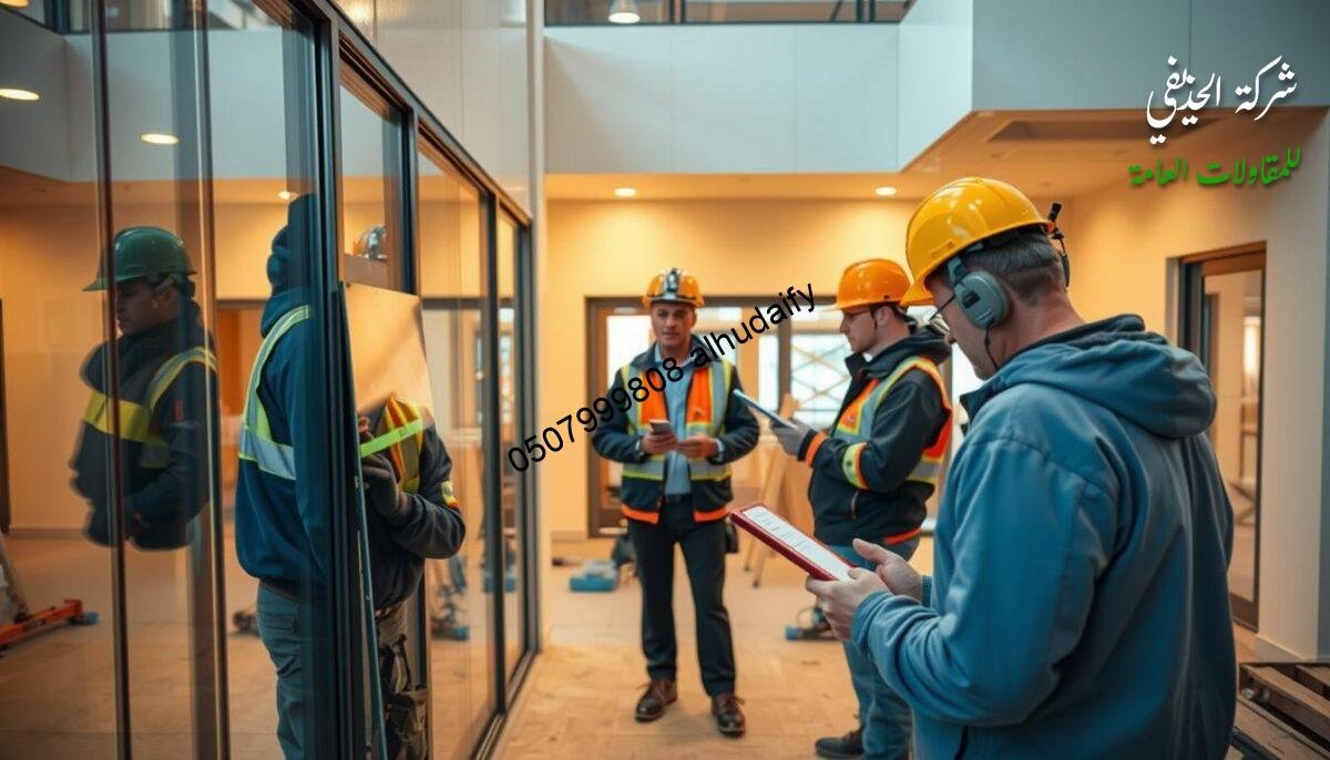 A modern and well-equipped construction site, with workers carefully inspecting the quality of every detail. In the foreground, a team carefully examines the newly installed glass panels, ensuring perfect alignment and seamless integration with the insulated sandwich panel walls. In the middle ground, a supervisor meticulously checks the structural integrity, verifying that all safety standards are met. The background showcases the sleek, contemporary design of the new exterior extensions, with their clean lines and efficient thermal properties. Warm lighting casts a soft glow, conveying a sense of professionalism and attention to detail throughout the execution process.