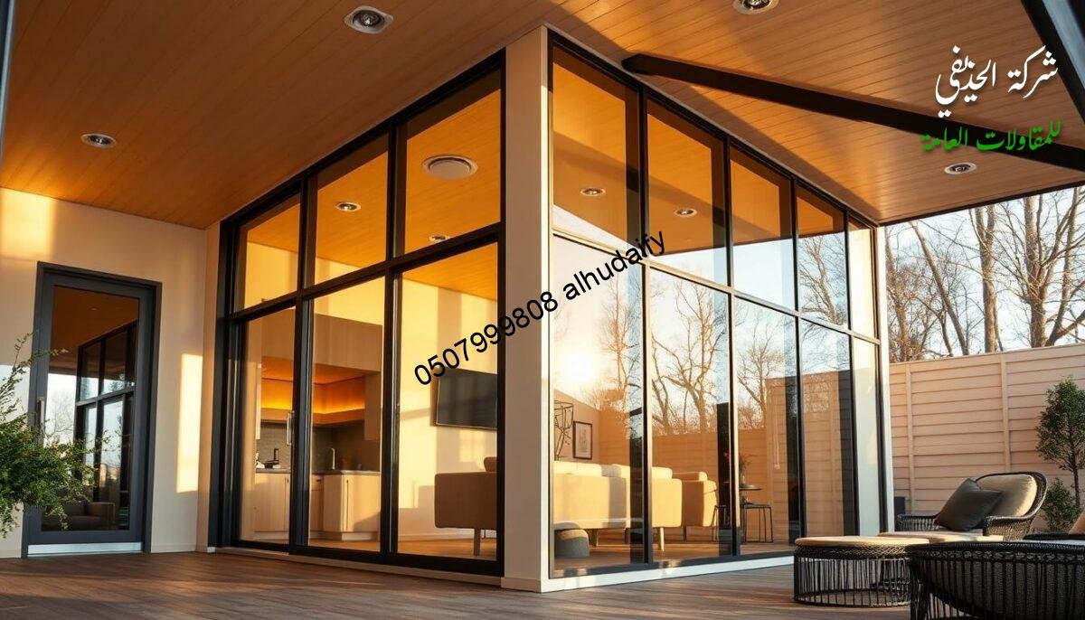 A modern, chic exterior glass room and lounge with sleek, insulated sandwich panel walls and ceiling. The structure is bathed in warm, natural light, casting a cozy ambiance. Precise, clean lines and meticulous craftsmanship are evident in the seamless sandwich panel installation. The room blends harmoniously with its surroundings, showcasing the versatility and aesthetic appeal of this high-quality building material. The overall scene conveys a sense of comfort, style, and quality workmanship.