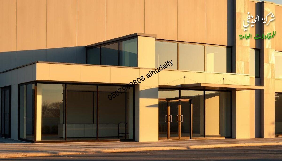 A modern commercial building exterior with sleek glass-walled extension rooms and roofs made of insulated sandwich panels in warm neutral tones. The structure features clean lines and geometric shapes, casting long shadows in the soft, even lighting of the golden hour. The composition emphasizes the interplay between the transparent and opaque surfaces, creating a sense of openness and minimalism. The overall scene conveys a sophisticated, high-end aesthetic suitable for a commercial retail development.
