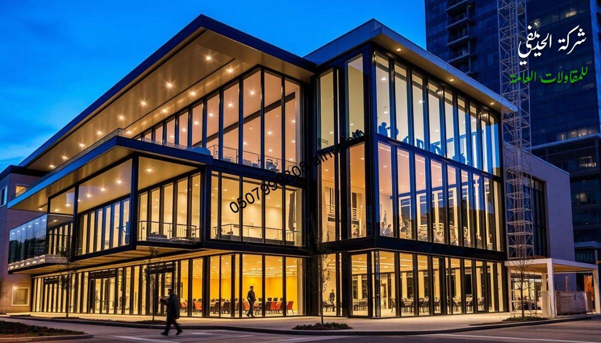 A modern commercial building with sleek glass extensions and insulated sandwich panel walls and ceilings, showcasing the advanced construction services offered. The foreground features a well-designed exterior with a harmonious blend of glass, metal, and high-quality materials. The middle ground presents a seamless integration of the indoor and outdoor spaces, while the background suggests the building's prominent location within a thriving urban landscape. The lighting is balanced, accentuating the structure's architectural details and creating a warm, welcoming ambiance. The overall impression conveys professionalism, innovation, and a commitment to providing exceptional commercial construction solutions.