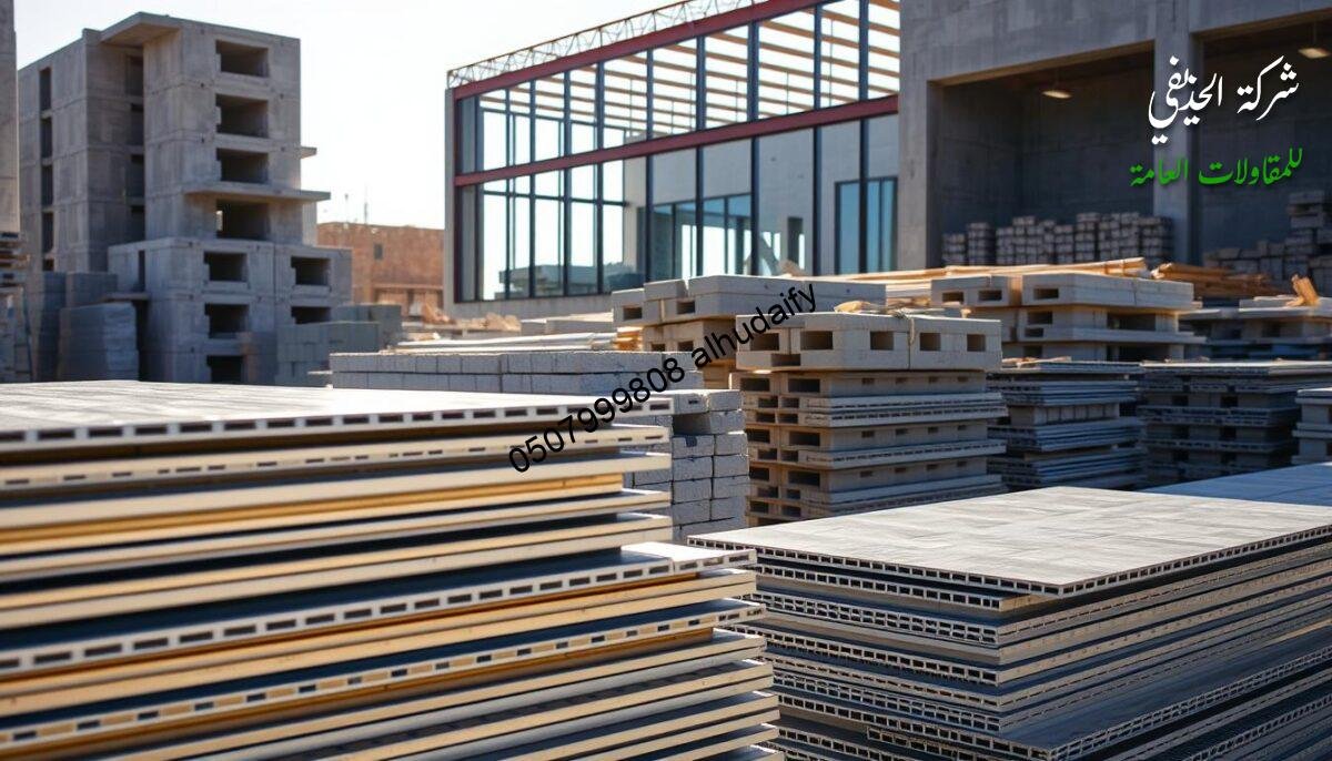 A modern construction site showcasing the high-quality building materials used by Al Hadheifia Company. In the foreground, piles of sleek aluminum sandwich panels, their reflective surfaces gleaming under the warm sun. In the middle ground, stacks of sturdy concrete blocks and neatly organized bundles of reinforcing steel bars. The background reveals the frame of a partially constructed glass-walled outdoor living space, hinting at the luxurious end-products. The scene exudes a sense of precision, attention to detail, and a commitment to craftsmanship that is the hallmark of Al Hadheifia's work.