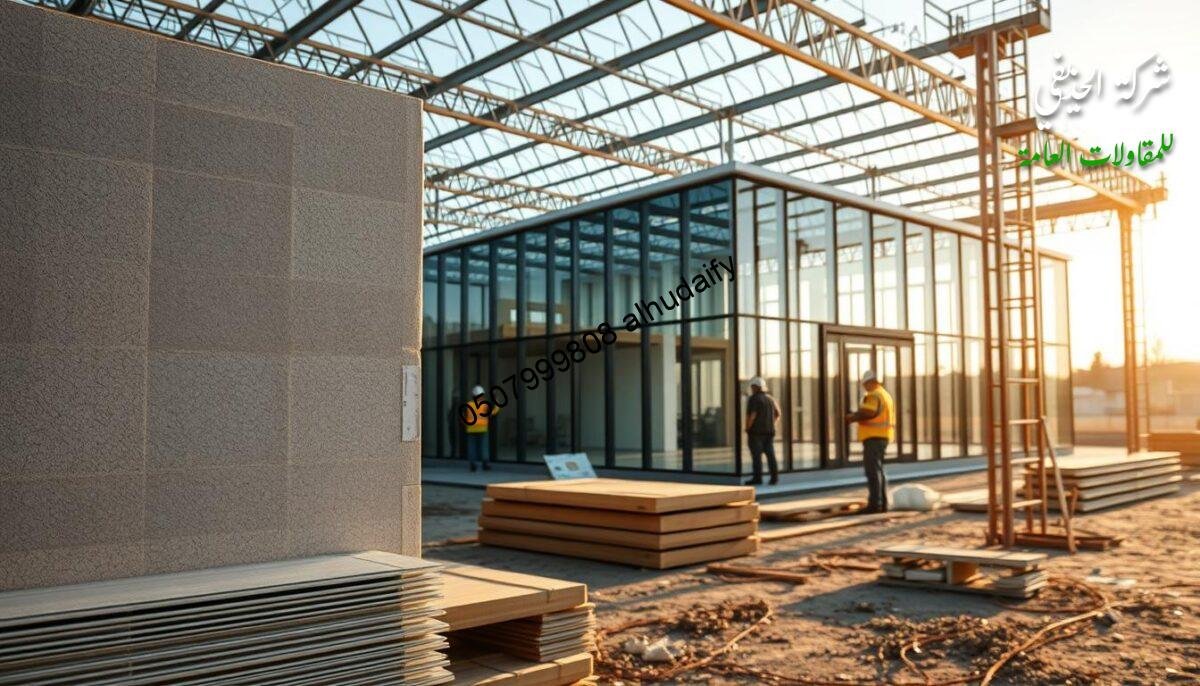 A modern construction site with a focus on the costs of implementation. In the foreground, a detailed overview of the materials used, such as insulated sandwich panels for the walls and roof, showcasing their technical specifications. In the middle ground, workers diligently installing these panels, demonstrating the intricate process. In the background, a partially completed glass-enclosed annex, its sleek design hinting at the final aesthetic. The lighting is warm and natural, capturing the efficient and organized nature of the project. The overall mood conveys a sense of precision, professionalism, and attention to detail in the execution of this integrated building project.