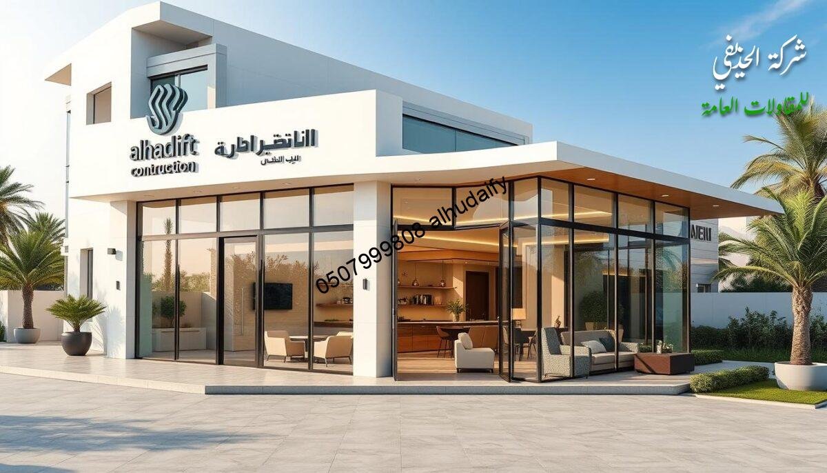 A modern, elegant glass-enclosed outdoor lounge and room addition for a commercial property in Saudi Arabia. The company's logo and branding prominently displayed on the building's facade, reflecting its expertise in high-end construction and design. The structure features clean lines, sleek materials, and abundant natural light, creating a sophisticated and inviting atmosphere. Carefully manicured landscaping and luxurious furnishings complement the architectural style. A wide angle lens captures the grand scale and impressive craftsmanship of this stunning commercial project by Alhadaify Contracting Services.