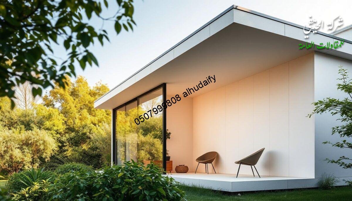 A modern, energy-efficient exterior room with insulated sandwich panel walls and ceilings. The room sits in a lush, verdant garden setting, bathed in warm, natural light. The glass facade allows ample natural illumination, while the high-performance insulation keeps the interior climate comfortable year-round. Sleek, minimalist design elements complement the serene, relaxing atmosphere. Precise, detailed craftsmanship highlights the quality of the construction and the importance of thermal insulation in creating a comfortable, sustainable living space.