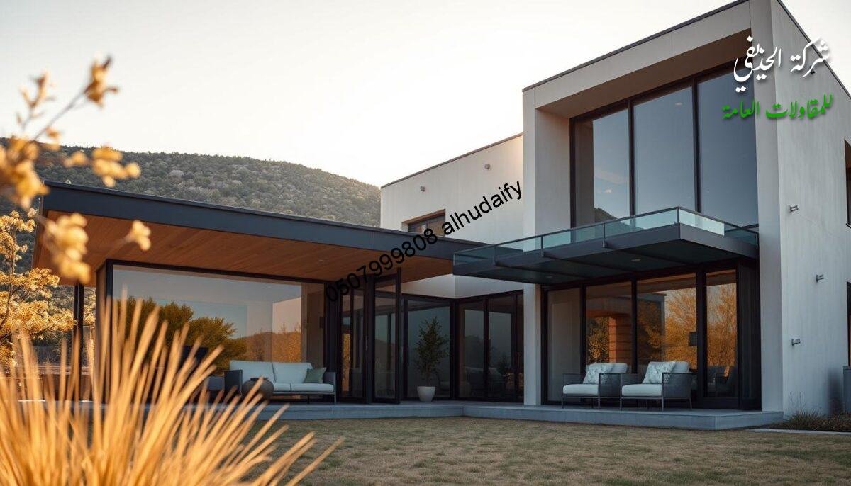 A modern, energy-efficient residential and commercial building set against a warm, sunny landscape. The exterior features elegant glass-enclosed outdoor living spaces with insulated sandwich panel walls and ceilings, reflecting the importance of quality insulation and construction. Soft natural light filters through, creating a comfortable, inviting atmosphere. The building's sleek, minimalist design and attention to thermal performance highlight the value of thoughtful engineering and sustainable building practices. The scene conveys a sense of comfort, efficiency, and architectural harmony.