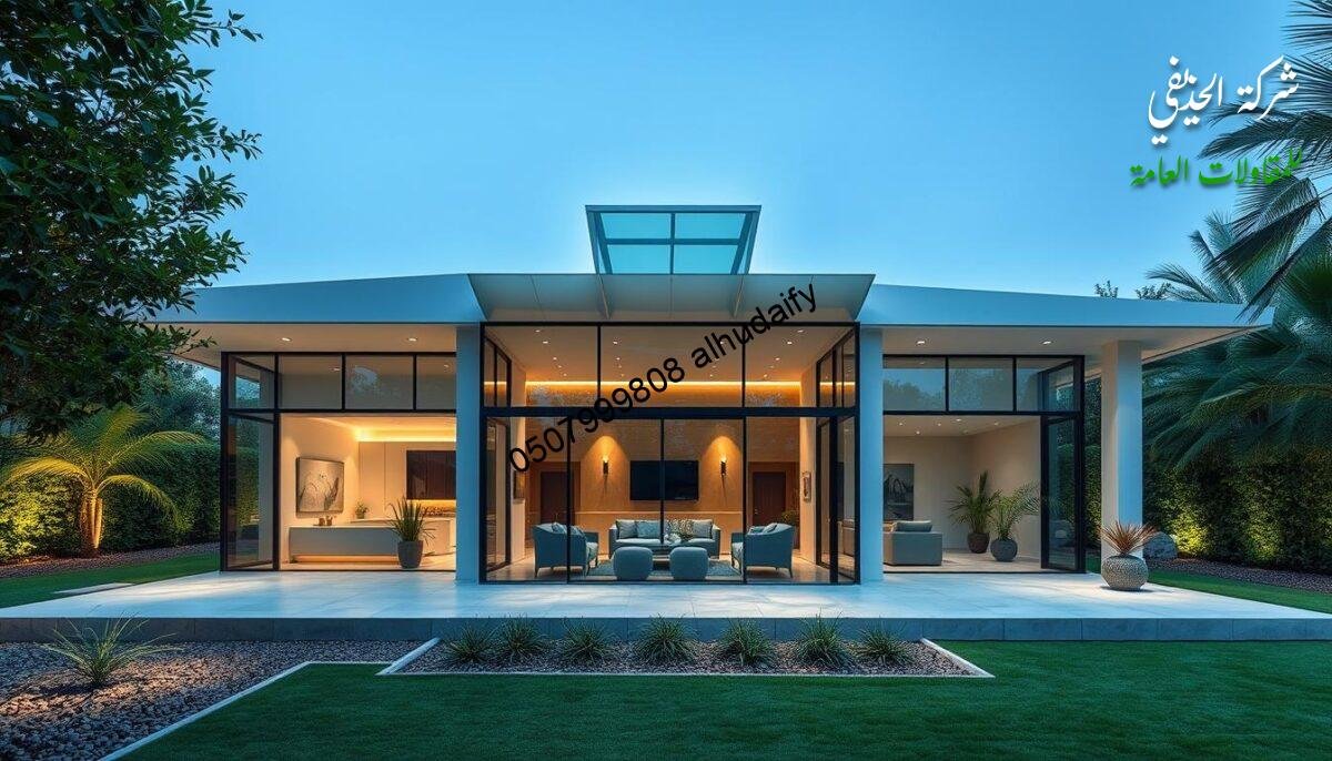 A modern, expansive outdoor pavilion with glass walls and a thermally insulated sandwich panel roof, situated in a lush, verdant Saudi Arabian setting. The pavilion features clean, geometric lines and a sleek, contemporary design, seamlessly blending indoor and outdoor living spaces. Soft, diffused lighting casts a warm, inviting glow, while strategic placement of windows and skylights creates a bright, airy atmosphere. Carefully curated landscaping elements, such as potted plants and decorative accents, complement the pavilion's design and enhance the overall aesthetic.