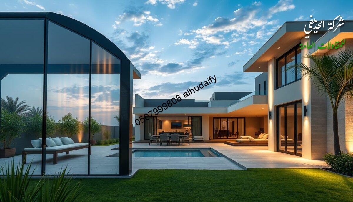 A modern, expertly-crafted villa exterior in the Eastern region of Saudi Arabia. In the foreground, a glass-enclosed outdoor living space with insulated sandwich panel walls and ceilings. The midground showcases the villa's precise construction, with a focus on quality control and execution guarantees. In the background, lush greenery and a serene sky set the tranquil mood. Dramatic side lighting accentuates the villa's sleek, high-end design and attention to detail, reflecting the builder's commitment to excellence.