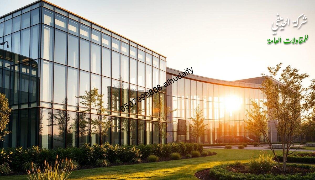 A modern glass and steel building, its façade shimmering in the warm sun. Sleek, minimalist lines accentuate the architectural design, with large, energy-efficient windows offering panoramic views. Carefully selected building materials, such as insulated sandwich panels, ensure optimal thermal performance and energy efficiency. The interplay of light and shadow creates a visually striking, yet functional, structure that seamlessly blends form and function. Surrounding the building, lush landscaping and well-manicured gardens enhance the overall aesthetic, creating a harmonious and inviting atmosphere. The scene conveys a sense of sophistication, innovation, and a commitment to sustainable construction practices.