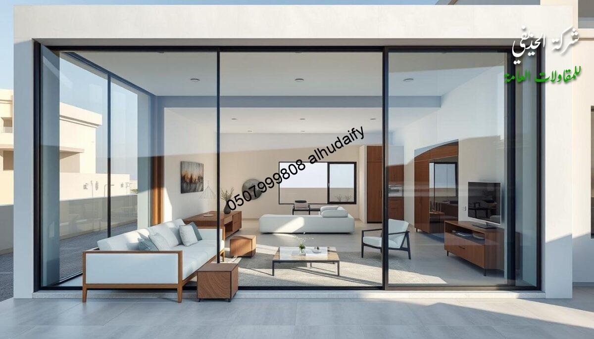 A modern, glass-encased exterior lounge and guest room extension with insulated sandwich panel walls and ceilings, seamlessly integrated into a residential or commercial building in Saudi Arabia. Abundant natural light filters through the expansive glazing, illuminating the minimalist, high-quality furnishings and finishes. The contemporary design exudes an airy, inviting ambiance, showcasing the meticulous craftsmanship and attention to detail that characterize the construction service. A harmonious blend of functionality and aesthetic appeal, embodying the highlights of the specialized building services.